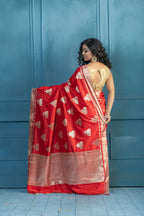 Bright Red Soft Silk Lotus Buta Banarasi Saree | Vibrant bright red soft silk Banarasi saree with lotus floral buta weaving.