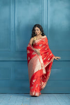 Bright Red Soft Silk Lotus Buta Banarasi Saree | Vibrant bright red soft silk Banarasi saree with lotus floral buta weaving.