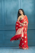 Bright Red Soft Silk Lotus Buta Banarasi Saree | Vibrant bright red soft silk Banarasi saree with lotus floral buta weaving.