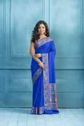 Blue Banarasi Georgette Silk Zari Border Saree | Blue Banarasi georgette silk saree featuring golden zari border and soft drape.