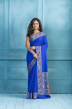 Blue Banarasi Georgette Silk Zari Border Saree | Blue Banarasi georgette silk saree featuring golden zari border and soft drape.
