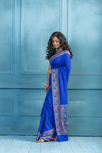 Blue Banarasi Georgette Silk Zari Border Saree | Blue Banarasi georgette silk saree featuring golden zari border and soft drape.