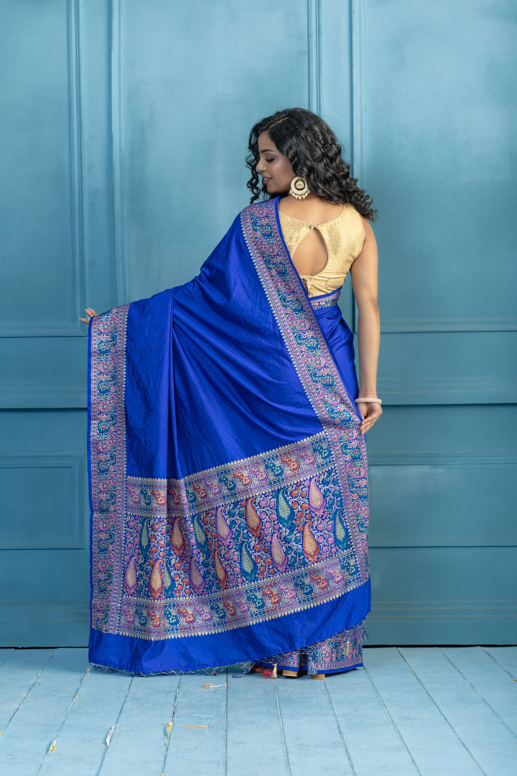 Blue Banarasi Georgette Silk Zari Border Saree | Blue Banarasi georgette silk saree featuring golden zari border and soft drape.