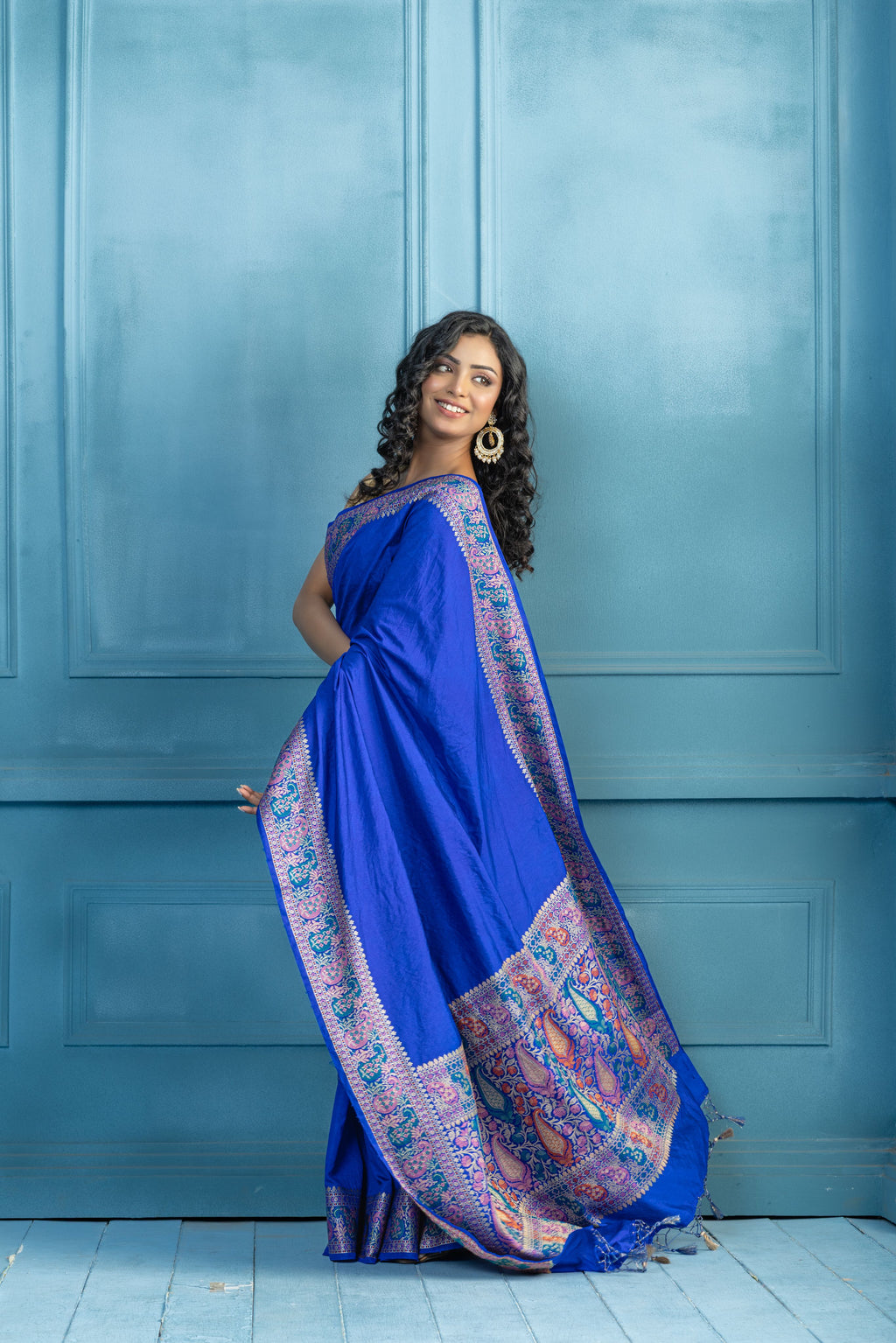 Blue Banarasi Georgette Silk Zari Border Saree | Blue Banarasi georgette silk saree featuring golden zari border and soft drape.
