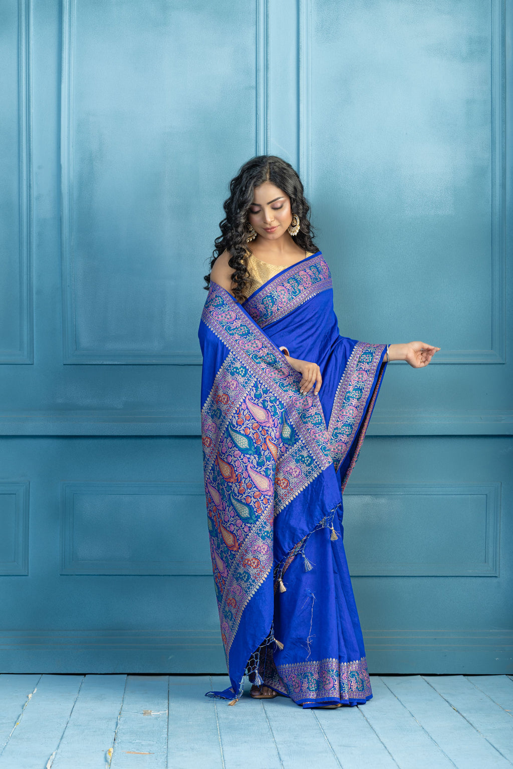 Blue Banarasi Georgette Silk Zari Border Saree | Blue Banarasi georgette silk saree featuring golden zari border and soft drape.