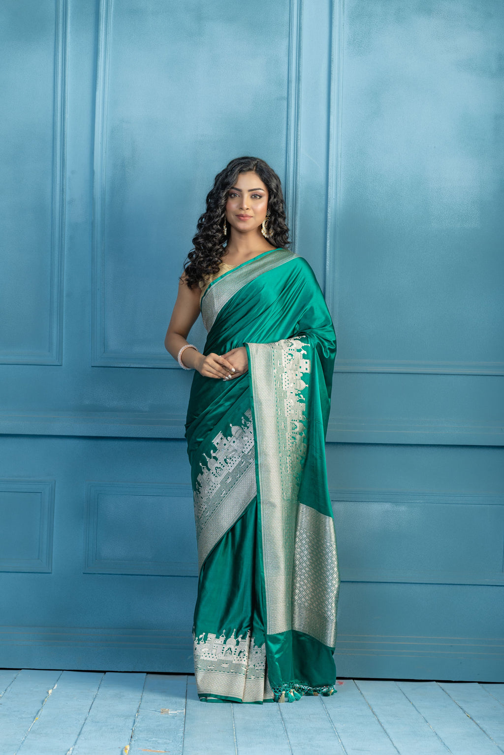 Emerald Green Mashru Katan Silk Ghats Saree