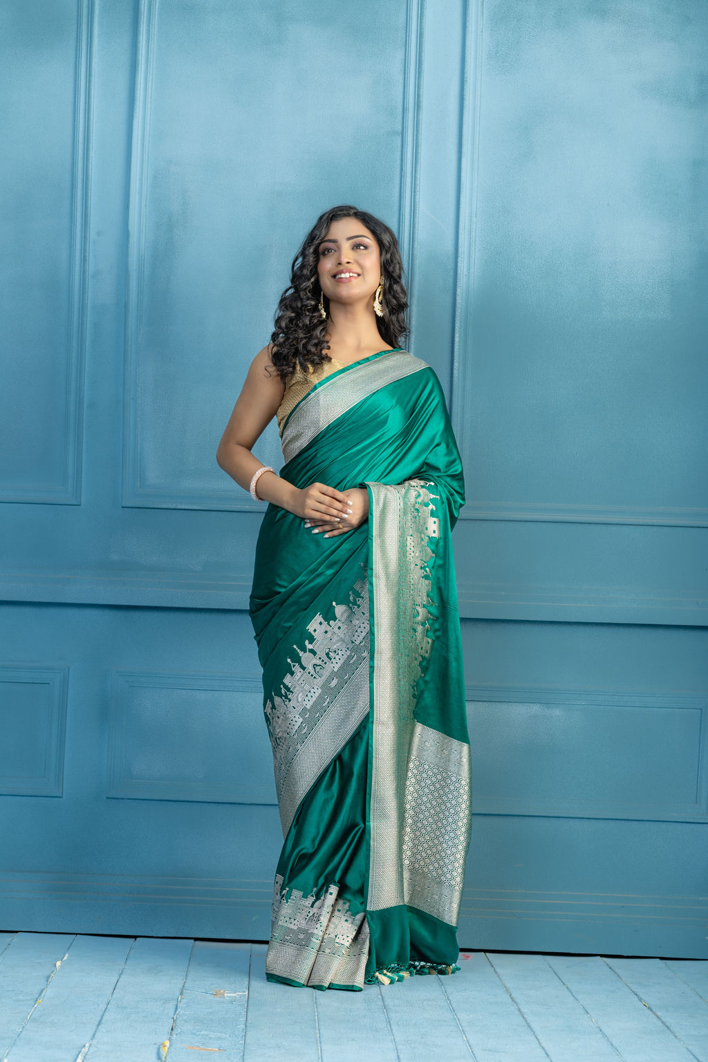 Emerald Green Mashru Katan Silk Ghats Saree