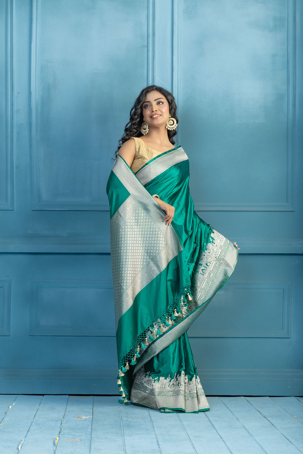 Emerald Green Mashru Katan Silk Ghats Saree
