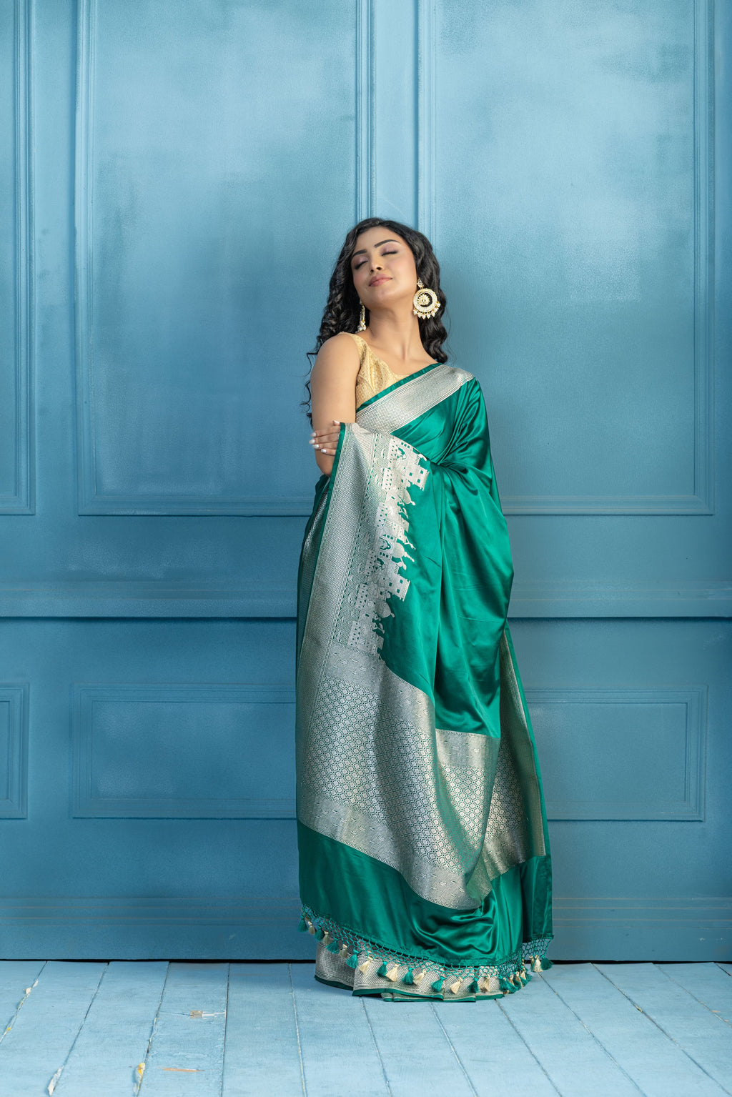 Emerald Green Mashru Katan Silk Ghats Saree