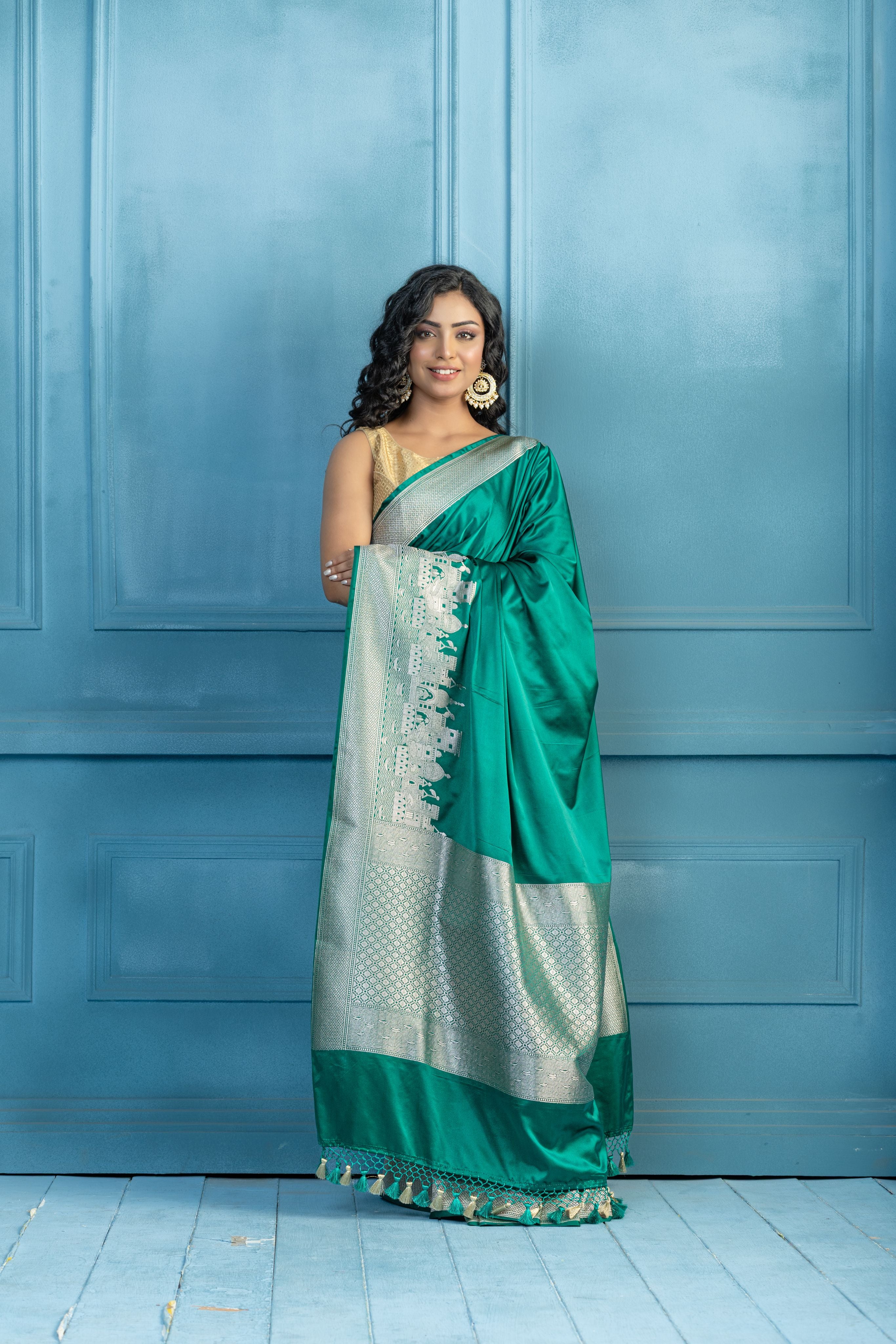 Emerald Green Mashru Katan Silk Ghats Saree