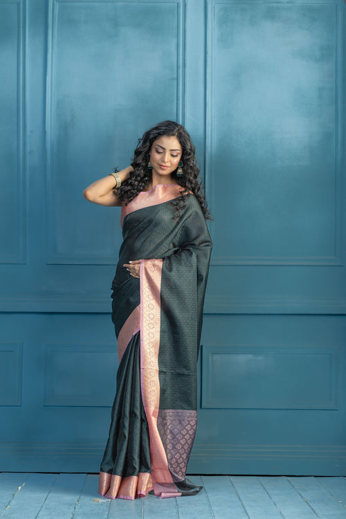 Bottle Green Kanchi Kora Embossed Weave Saree | Elegant bottle green Kanchi kora silk saree with textured embossed weave