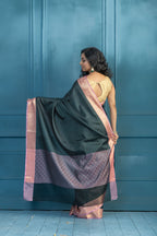 Bottle Green Kanchi Kora Embossed Weave Saree | Elegant bottle green Kanchi kora silk saree with textured embossed weave
