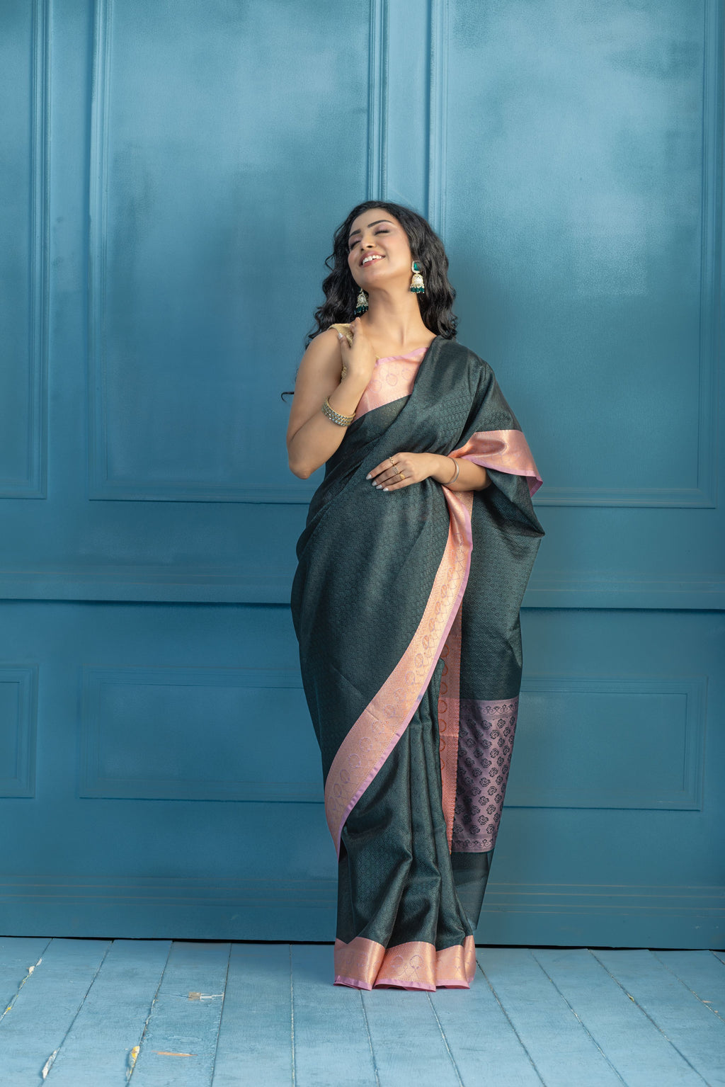 Bottle Green Kanchi Kora Embossed Weave Saree | Elegant bottle green Kanchi kora silk saree with textured embossed weave