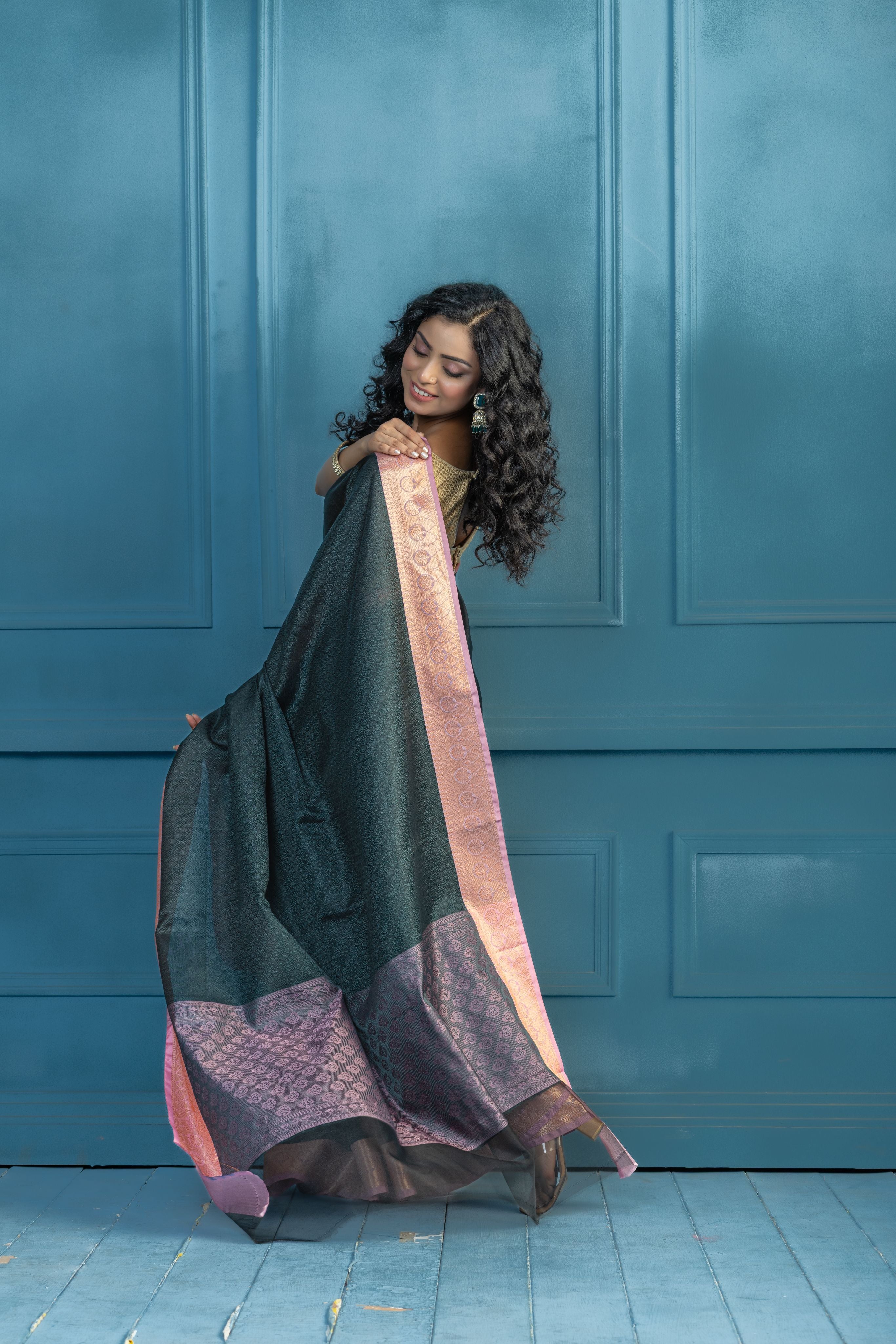 Bottle Green Kanchi Kora Embossed Weave Saree | Elegant bottle green Kanchi kora silk saree with textured embossed weave