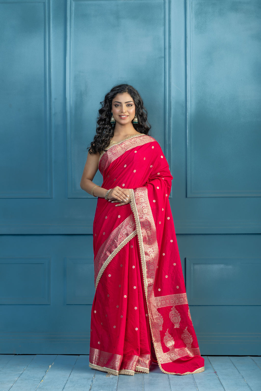 Bright Pink Chinia Silk Lace Banarasi Saree | bright pink Chinia silk Banarasi saree featuring premium lace detailing and festive elegance