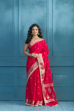 Bright Pink Chinia Silk Lace Banarasi Saree | bright pink Chinia silk Banarasi saree featuring premium lace detailing and festive elegance