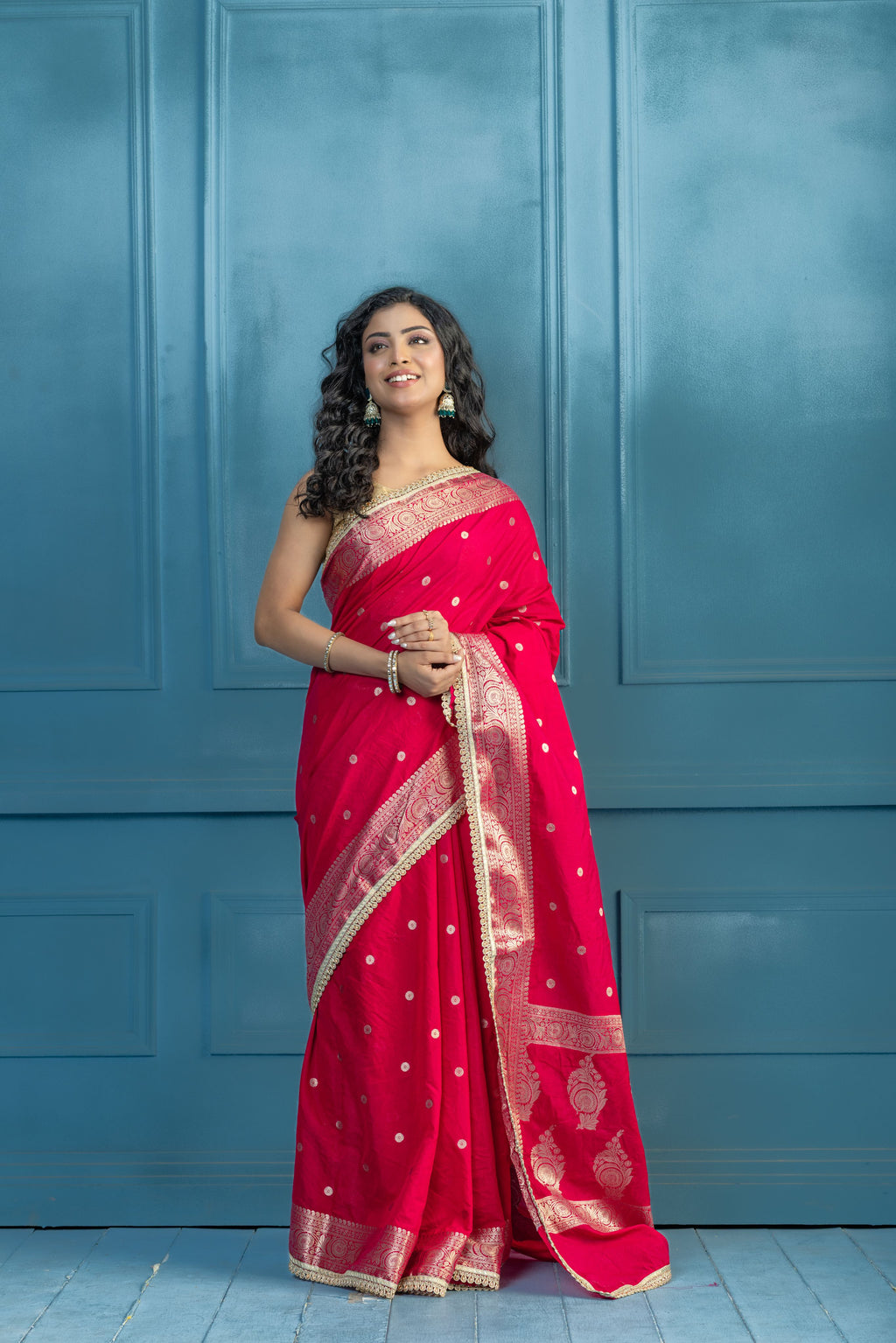 Bright Pink Chinia Silk Lace Banarasi Saree | bright pink Chinia silk Banarasi saree featuring premium lace detailing and festive elegance
