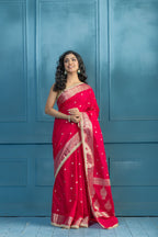Bright Pink Chinia Silk Lace Banarasi Saree | bright pink Chinia silk Banarasi saree featuring premium lace detailing and festive elegance