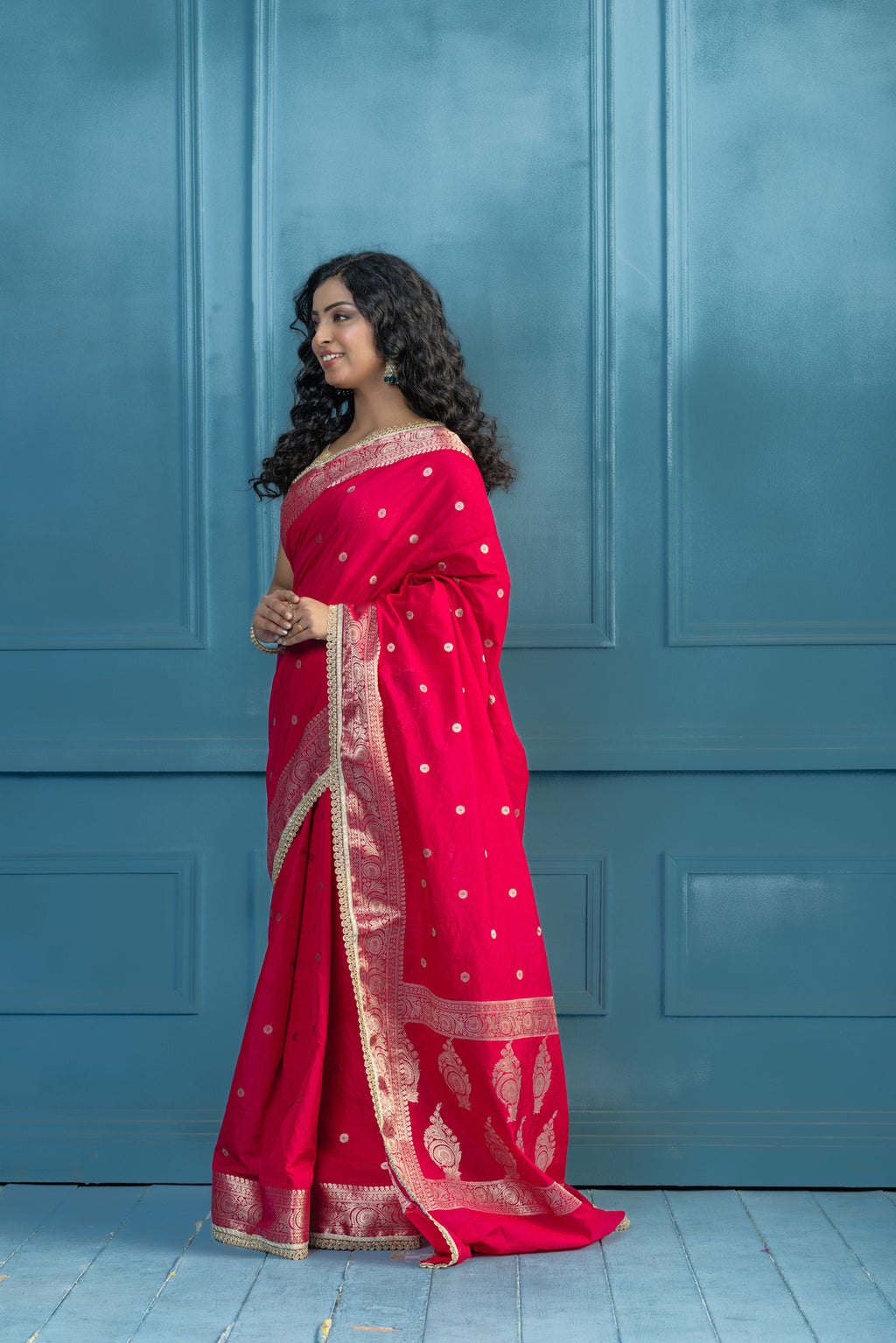 Bright Pink Chinia Silk Lace Banarasi Saree | bright pink Chinia silk Banarasi saree featuring premium lace detailing and festive elegance
