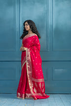 Bright Pink Chinia Silk Lace Banarasi Saree | bright pink Chinia silk Banarasi saree featuring premium lace detailing and festive elegance