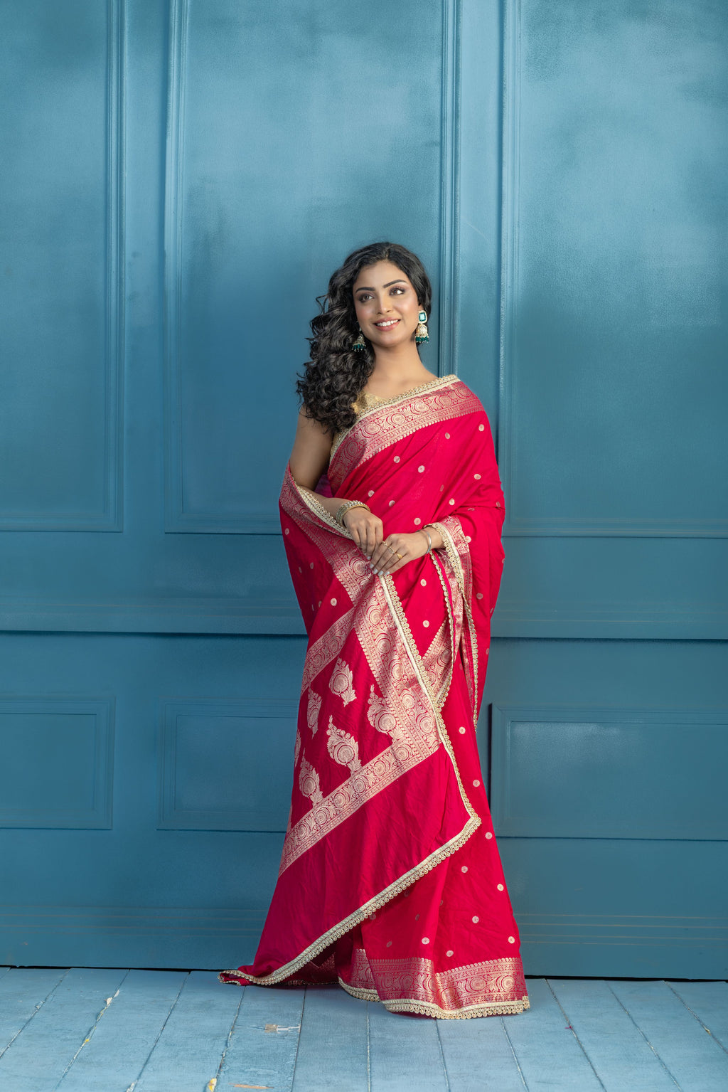 Bright Pink Chinia Silk Lace Banarasi Saree | bright pink Chinia silk Banarasi saree featuring premium lace detailing and festive elegance