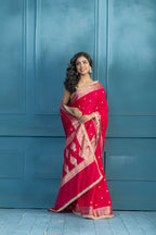 Bright Pink Chinia Silk Lace Banarasi Saree | bright pink Chinia silk Banarasi saree featuring premium lace detailing and festive elegance