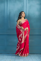Bright Pink Chinia Silk Lace Banarasi Saree | bright pink Chinia silk Banarasi saree featuring premium lace detailing and festive elegance