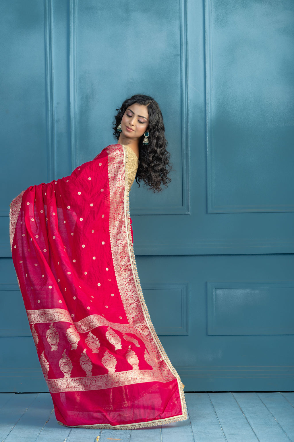 Bright Pink Chinia Silk Lace Banarasi Saree | bright pink Chinia silk Banarasi saree featuring premium lace detailing and festive elegance