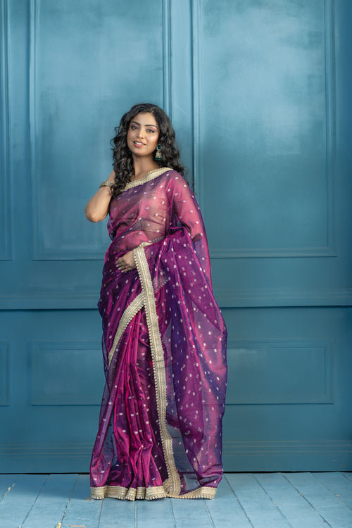 Baigani Tissue Buti Banarasi Saree with Lace | Unique baigani tissue silk Banarasi saree with exclusive lacework and elegant finish