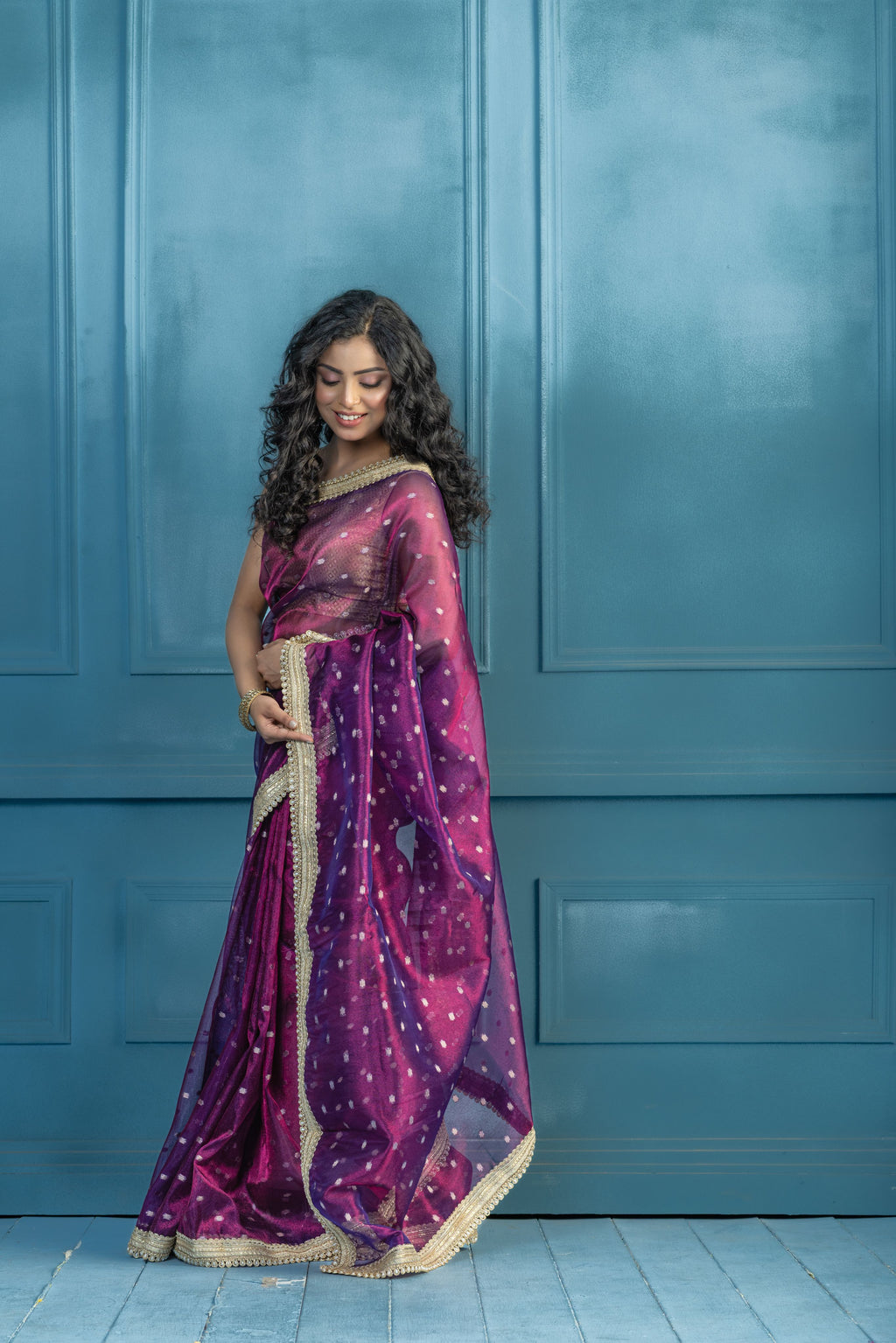 Baigani Tissue Buti Banarasi Saree with Lace | Unique baigani tissue silk Banarasi saree with exclusive lacework and elegant finish