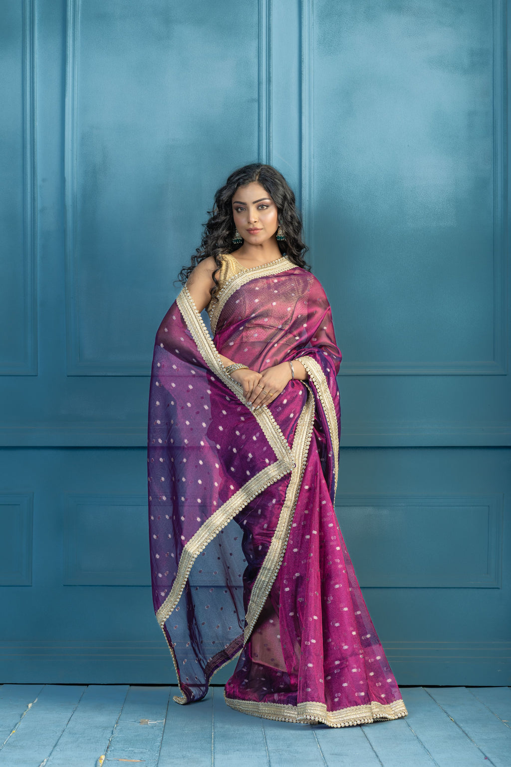 Baigani Tissue Buti Banarasi Saree with Lace | Unique baigani tissue silk Banarasi saree with exclusive lacework and elegant finish
