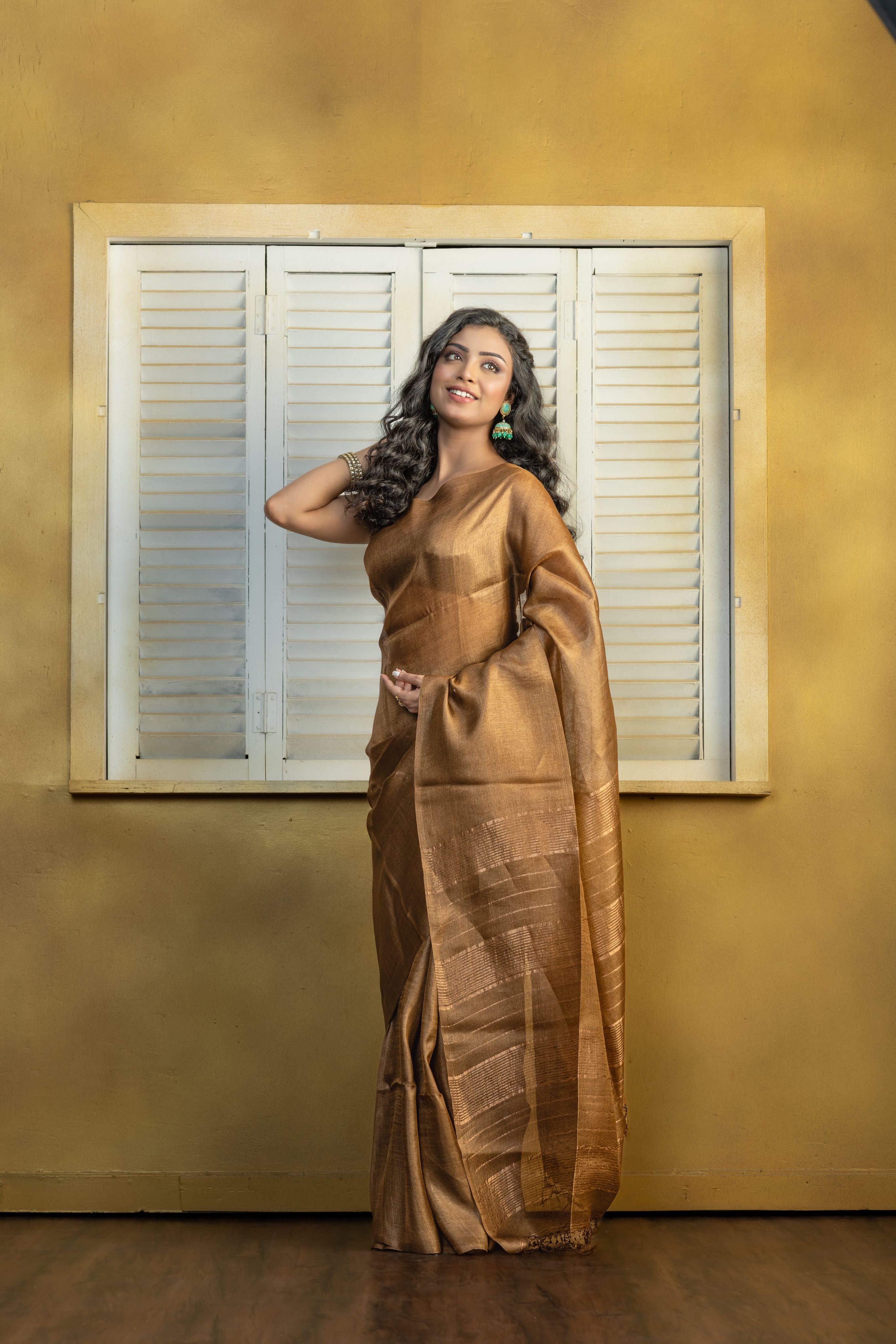 Hand-woven Bengal Tussar with zari border on coffee colour base. A elegant vibrant festive drape with timeless craftsmanship.