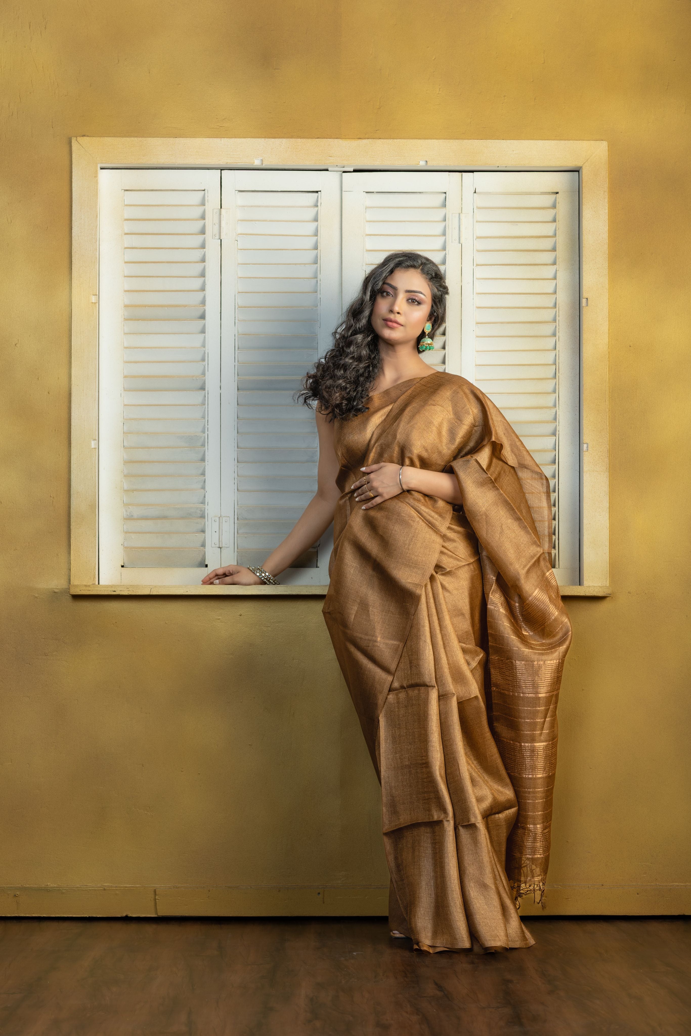 Hand-woven Bengal Tussar with zari border on coffee colour base. A elegant vibrant festive drape with timeless craftsmanship.
