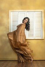 Hand-woven Bengal Tussar with zari border on coffee colour base. A elegant vibrant festive drape with timeless craftsmanship.