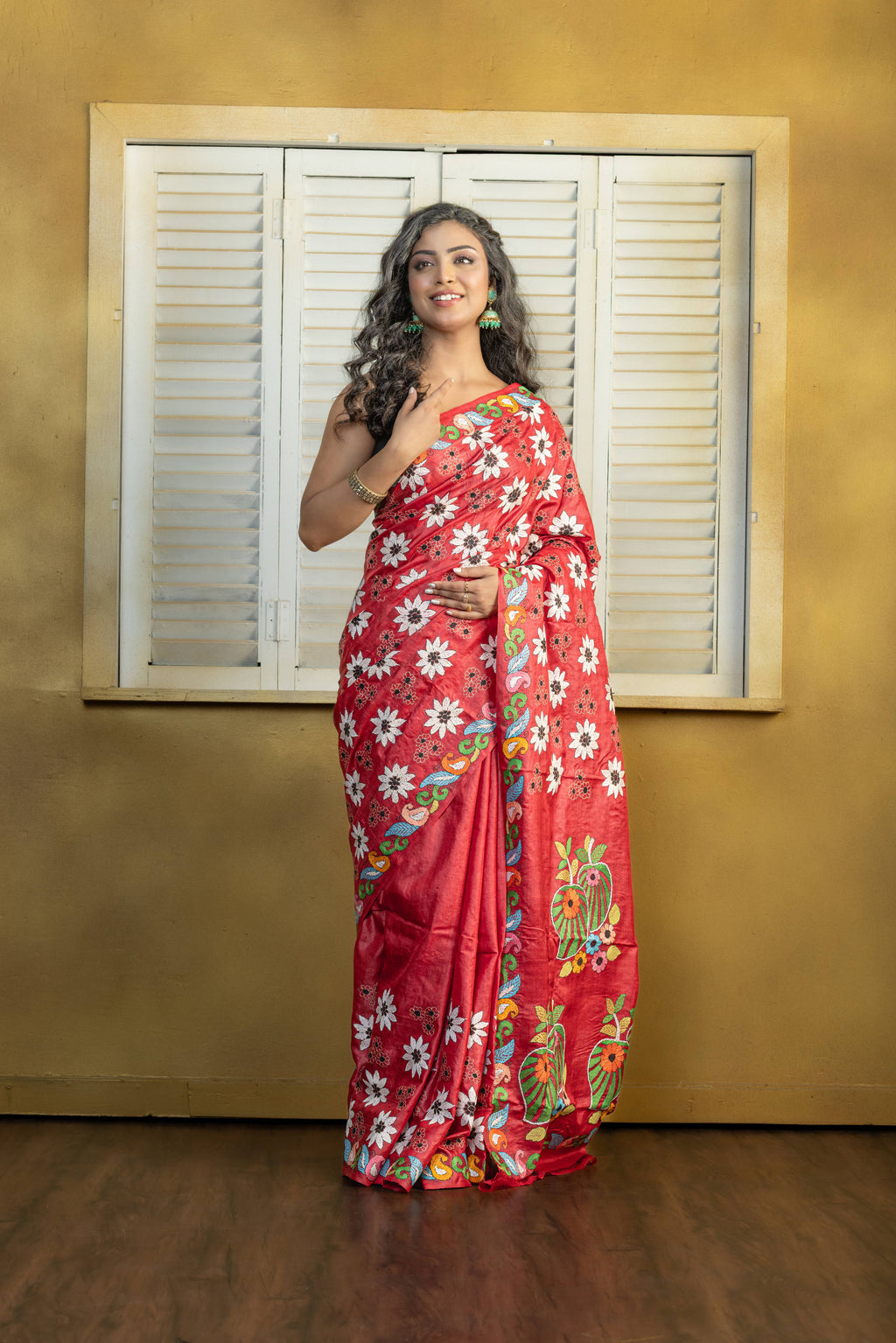 Exclusive Gachi by Gachi Tussar with multi-colour Katha stitch in red base colour designer saree