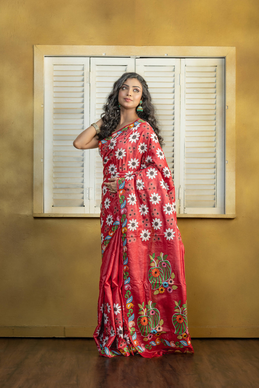 Exclusive Gachi by Gachi Tussar with multi-colour Katha stitch in red base colour designer saree