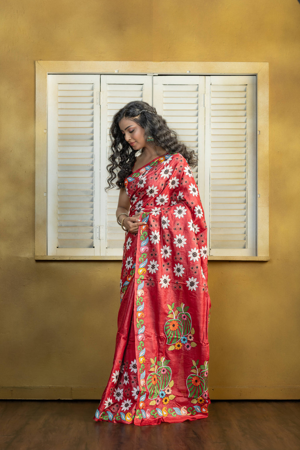 Exclusive Gachi by Gachi Tussar with multi-colour Katha stitch in red base colour designer saree