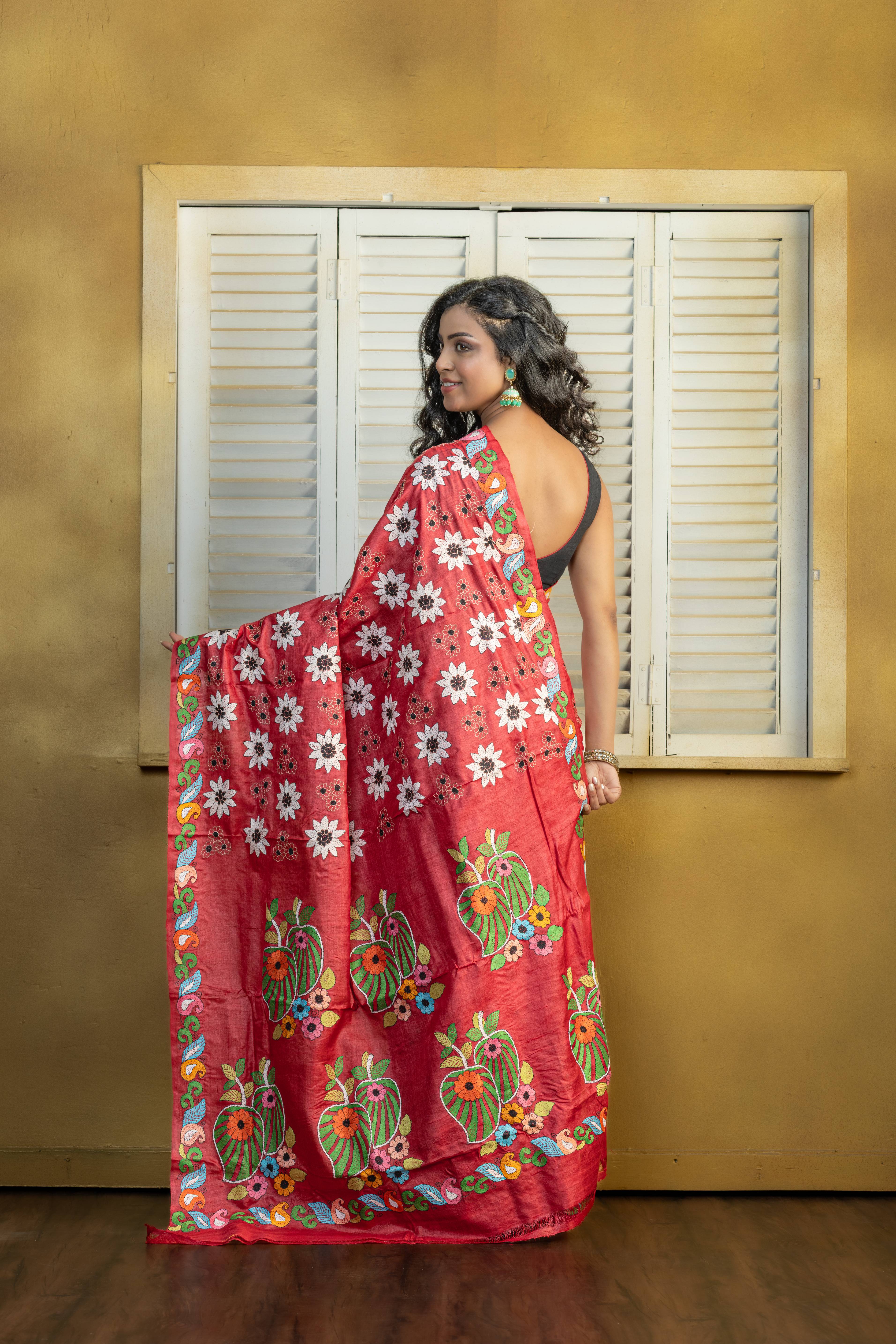 Exclusive Gachi by Gachi Tussar with multi-colour Katha stitch in red base colour designer saree