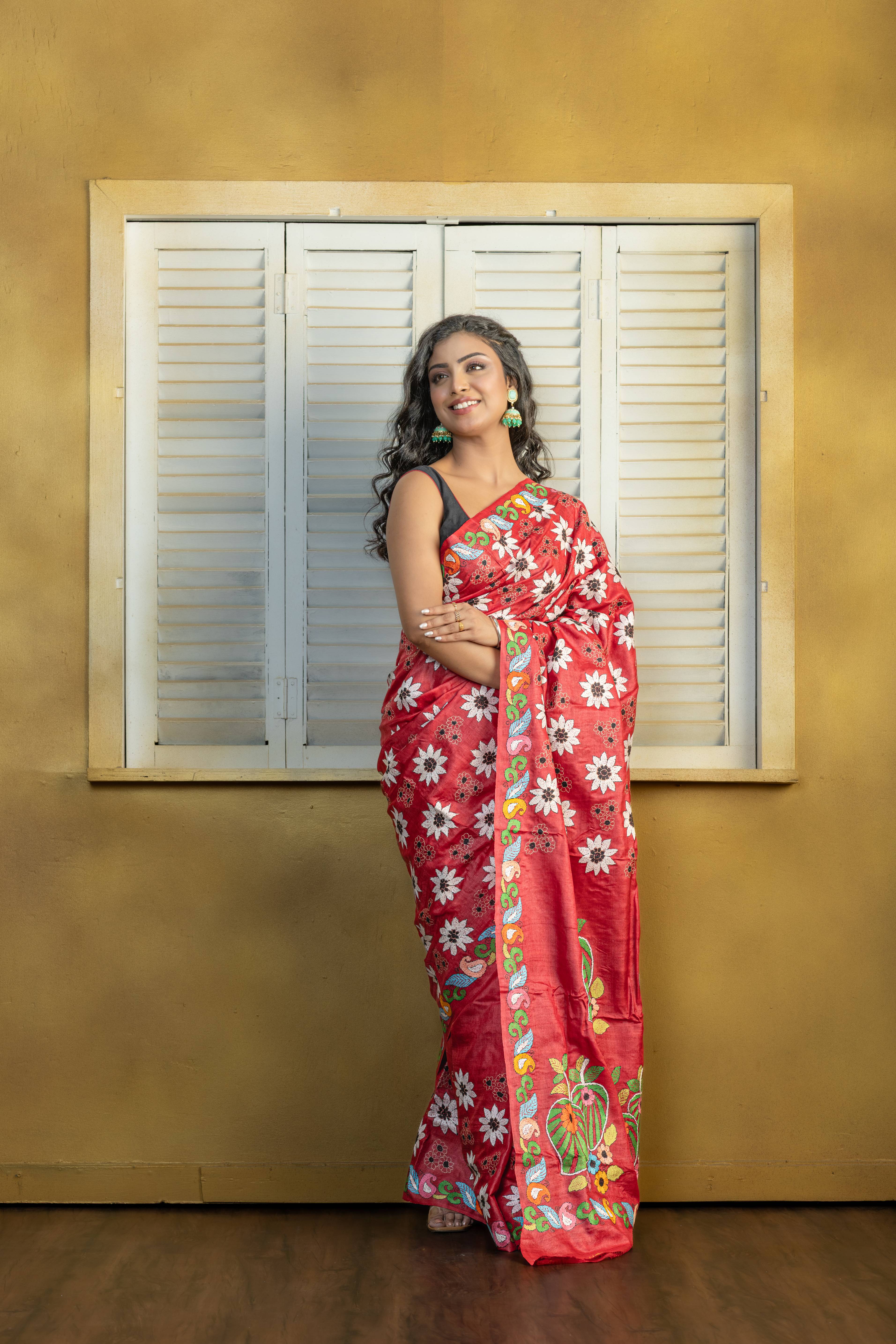 Exclusive Gachi by Gachi Tussar with multi-colour Katha stitch in red base colour designer saree