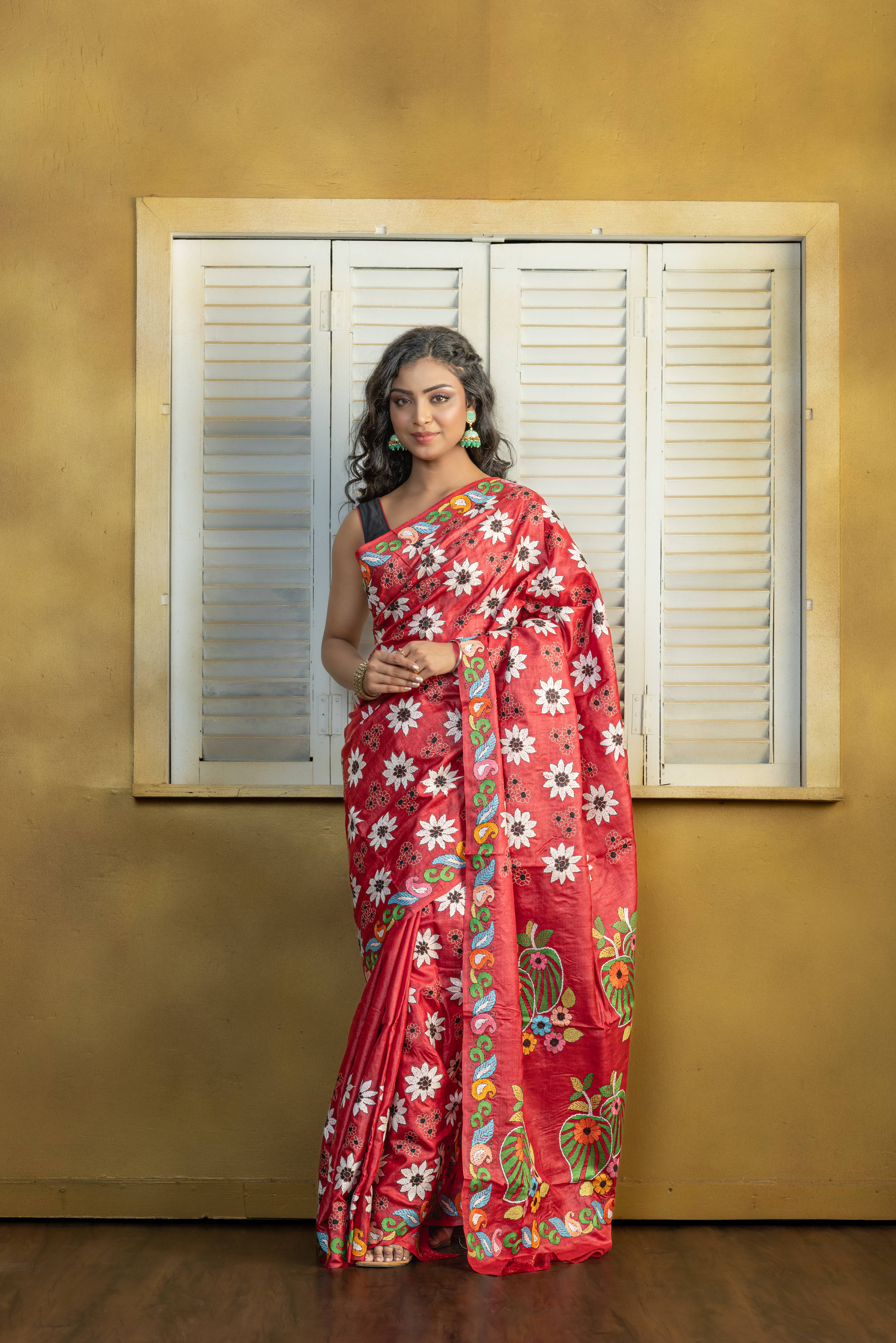 Exclusive Gachi by Gachi Tussar with multi-colour Katha stitch in red base colour designer saree