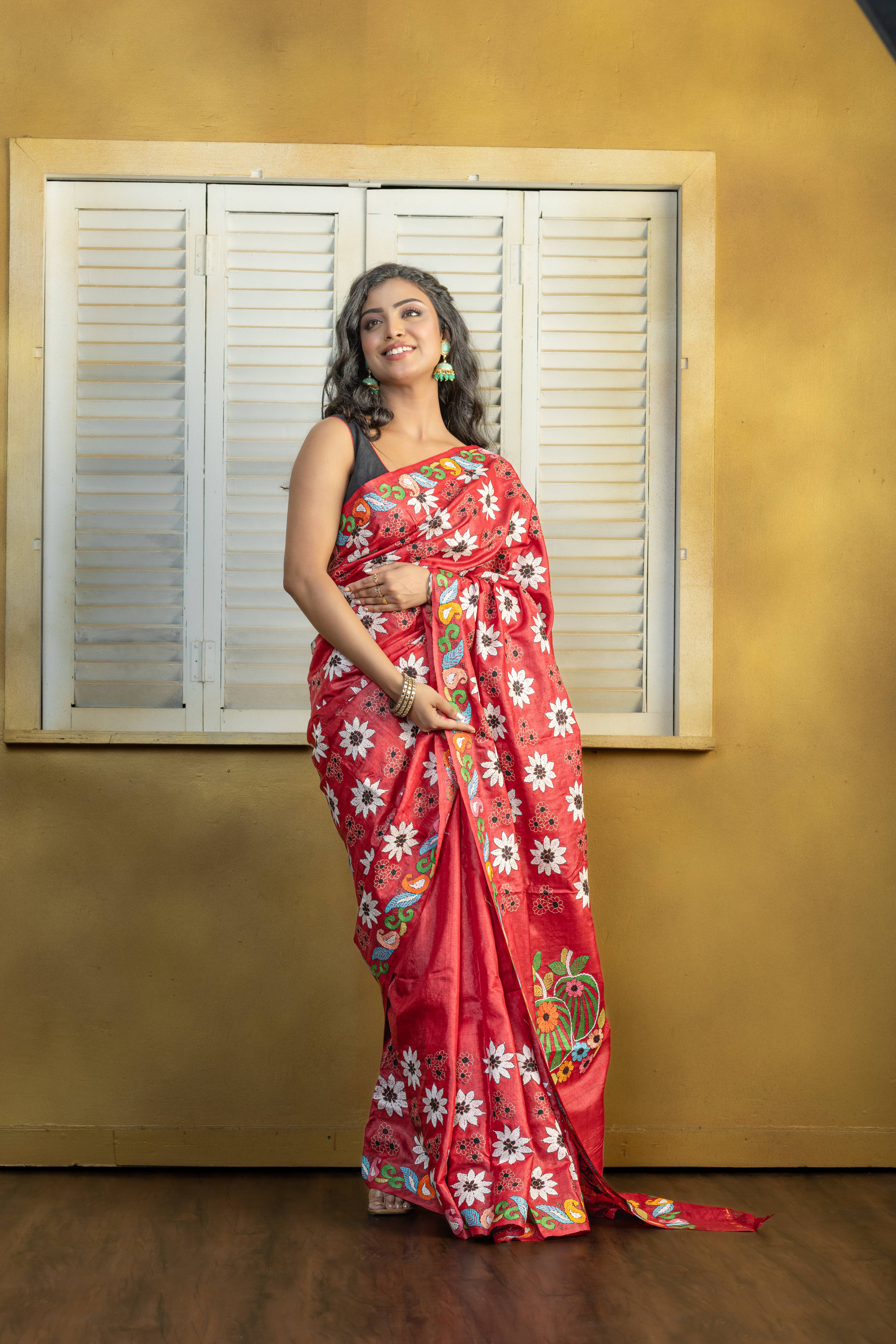 Exclusive Gachi by Gachi Tussar with multi-colour Katha stitch in red base colour designer saree