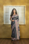 Exclusive Gachi by Gachi Tussar block print with Katha stitch and mirror work in black base colour designer saree.