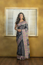 Exclusive Gachi by Gachi Tussar block print with Katha stitch and mirror work in black base colour designer saree.