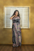 Exclusive Gachi by Gachi Tussar block print with Katha stitch and mirror work in black base colour designer saree.