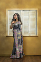 Exclusive Gachi by Gachi Tussar block print with Katha stitch and mirror work in black base colour designer saree.