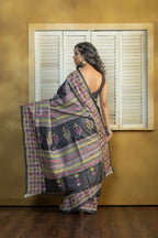 Exclusive Gachi by Gachi Tussar block print with Katha stitch and mirror work in black base colour designer saree.