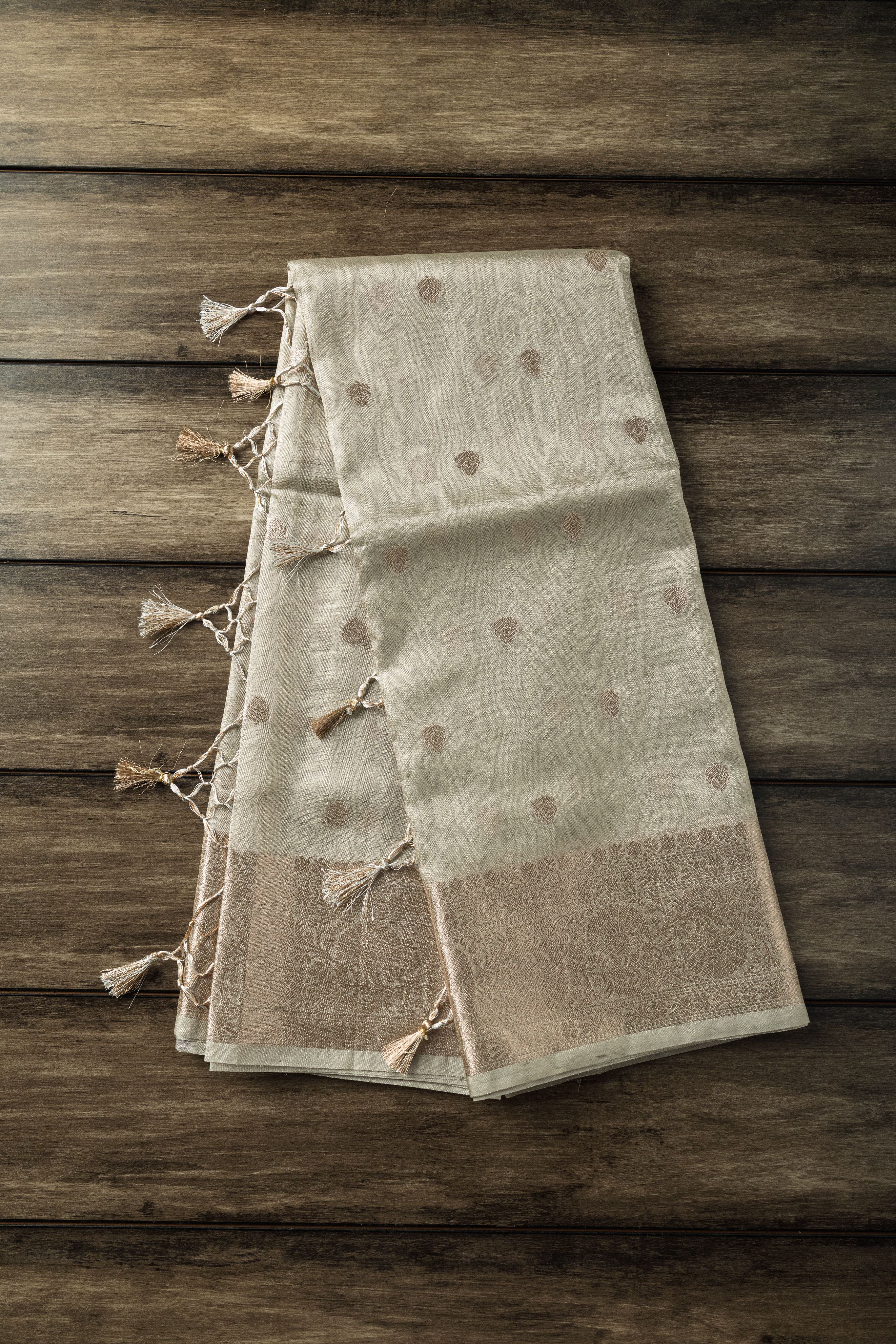 Peacock Soft Tissue Silk Khaddi Buti Banarasi Saree | Elegant peacock shade soft tissue silk Banarasi saree with intricate Khaddi buti work